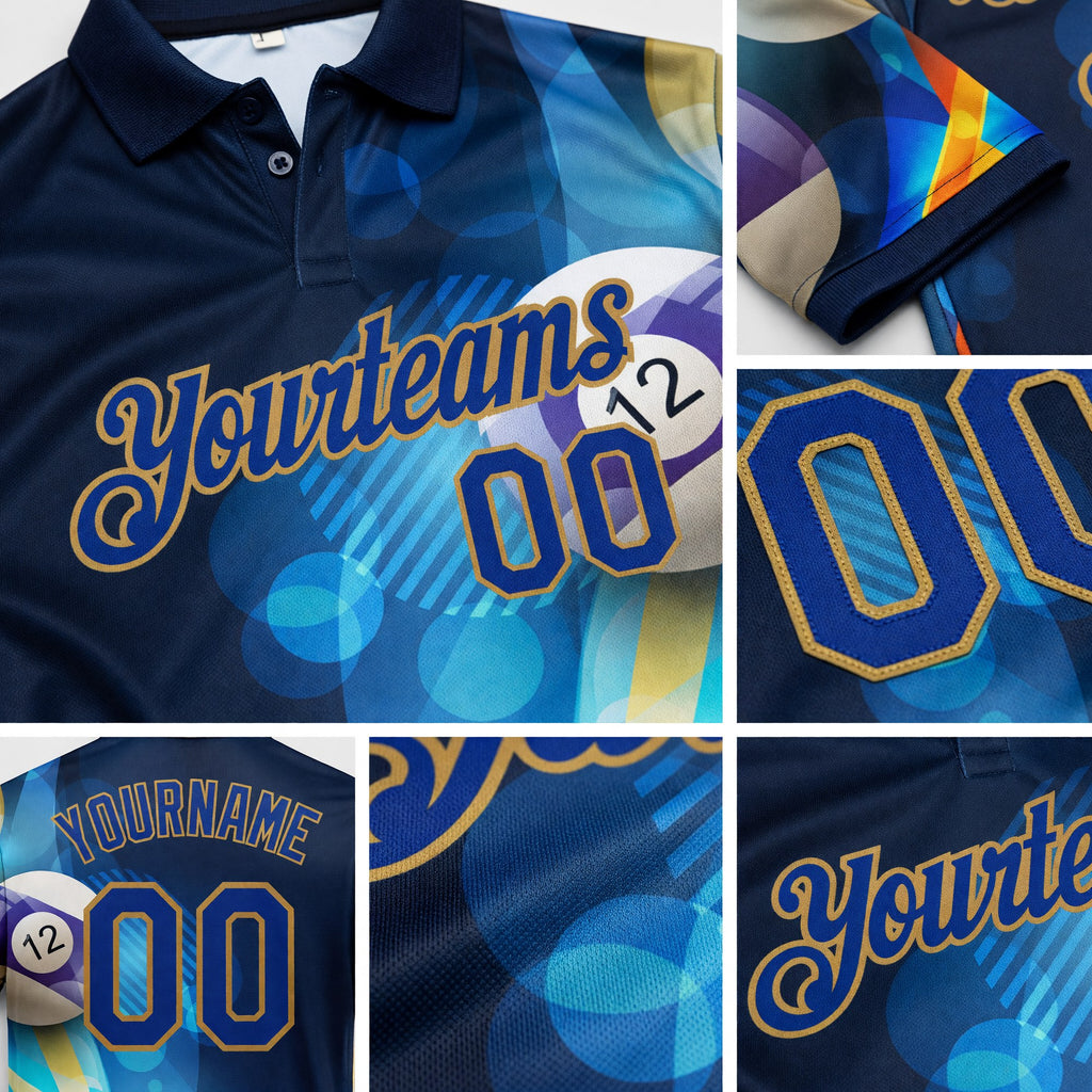 Custom Navy Royal-Old Gold 3D Pattern Design Billiards Performance Polo Shirt detail