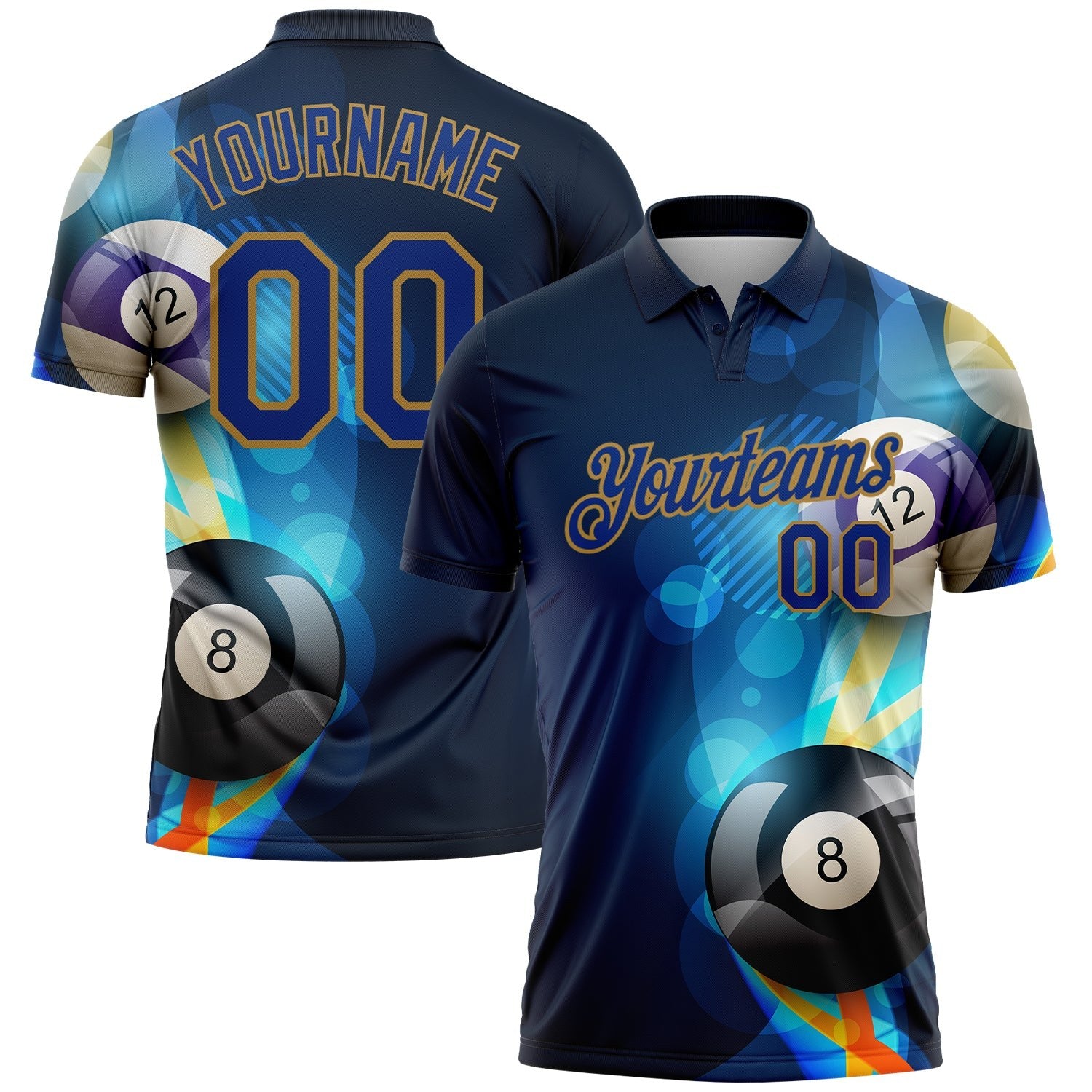 Custom Navy Royal-Old Gold 3D Pattern Design Billiards Performance Polo Shirt photo 1