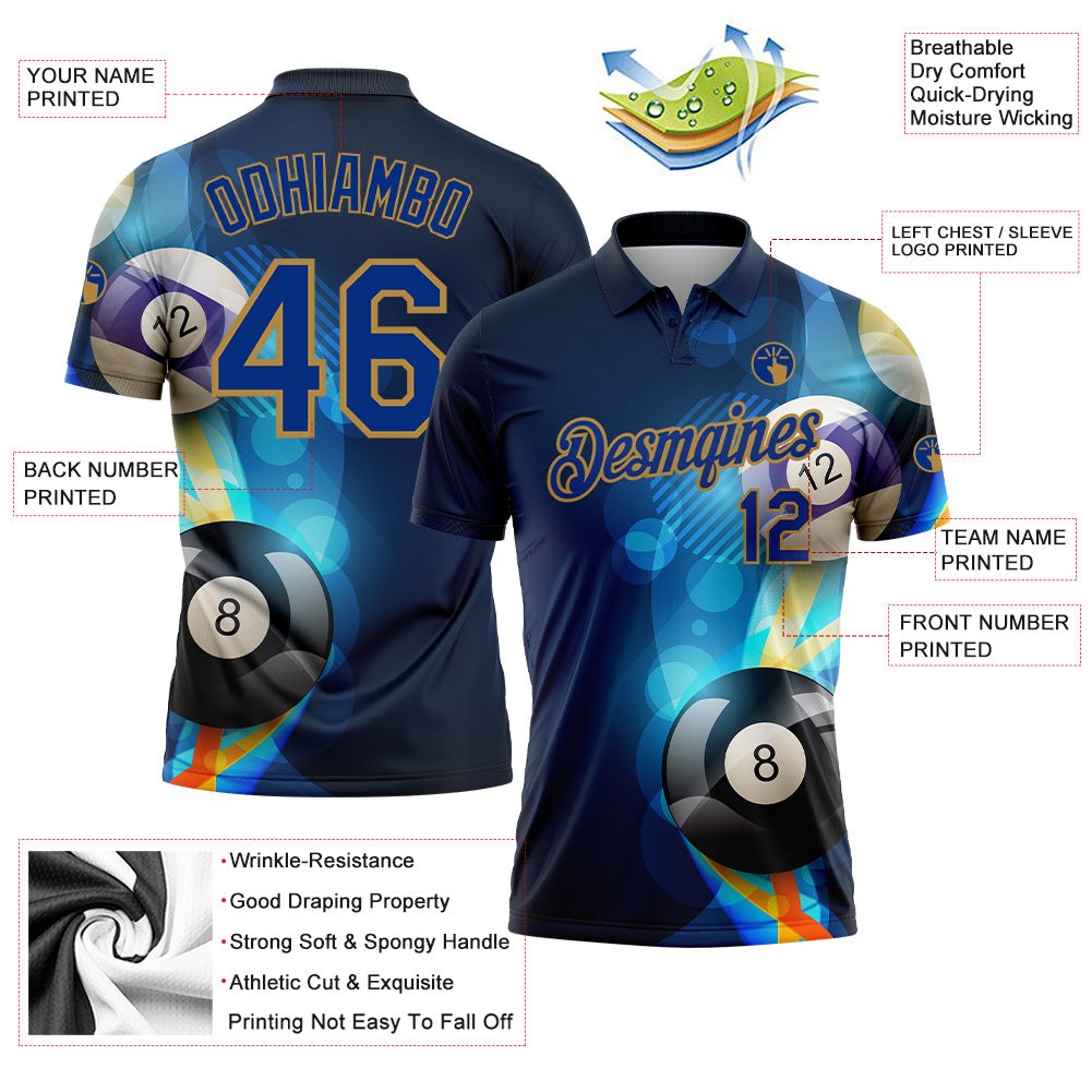 Custom Navy Royal-Old Gold 3D Pattern Design Billiards Performance Polo Shirt photo 3