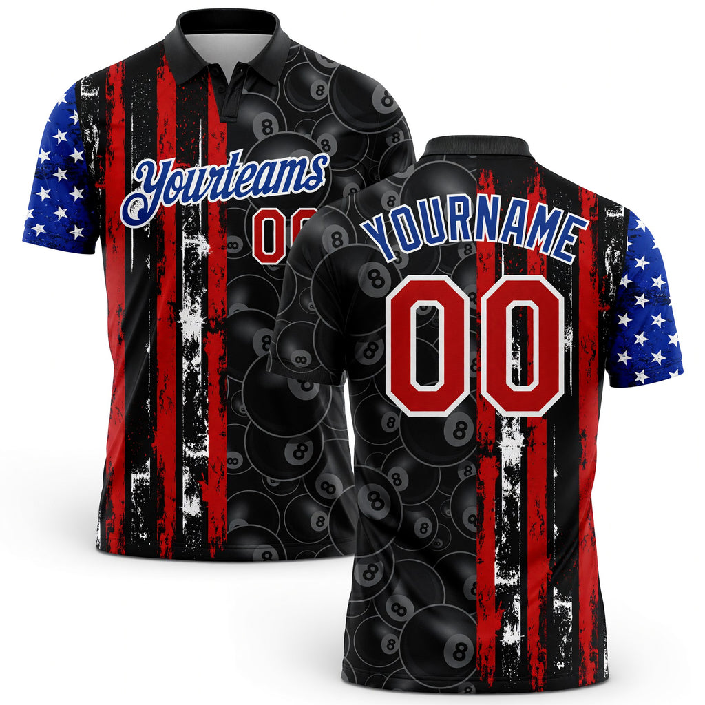 Custom Black Red-Royal 3D Pattern Design Billiards Snooker 8 Ball American Flag Performance Polo Shirt