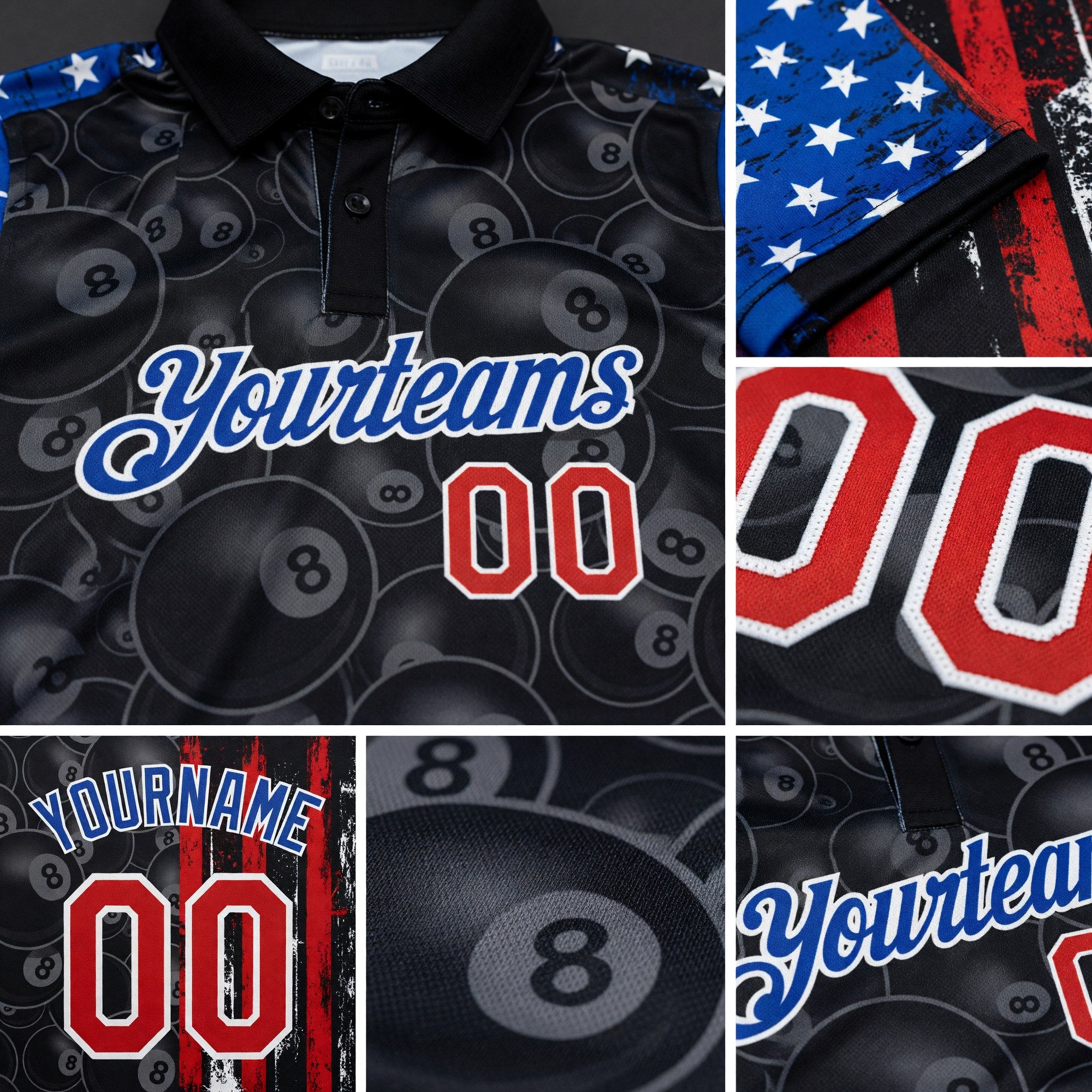 Custom Black Red-Royal 3D Pattern Design Billiards Snooker 8 Ball American Flag Performance Polo Shirt detail