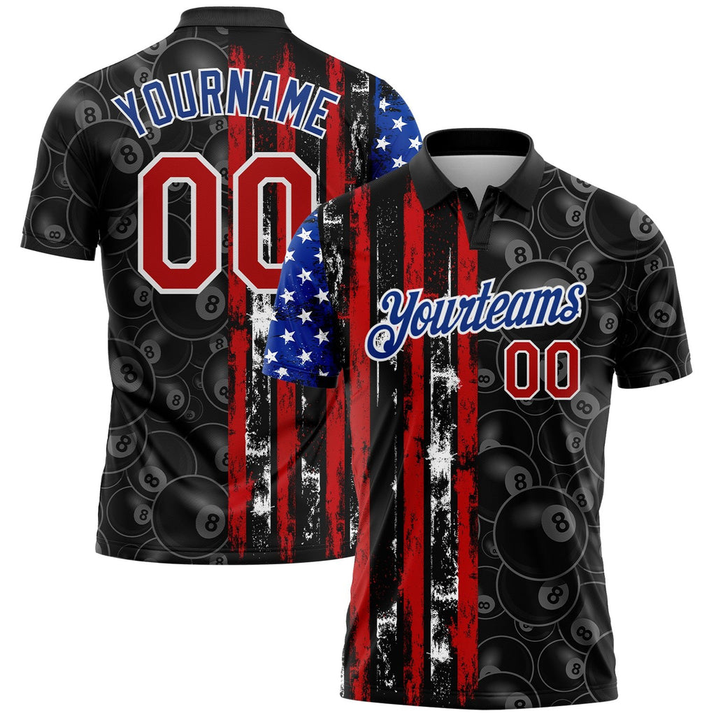 Custom Black Red-Royal 3D Pattern Design Billiards Snooker 8 Ball American Flag Performance Polo Shirt photo 1