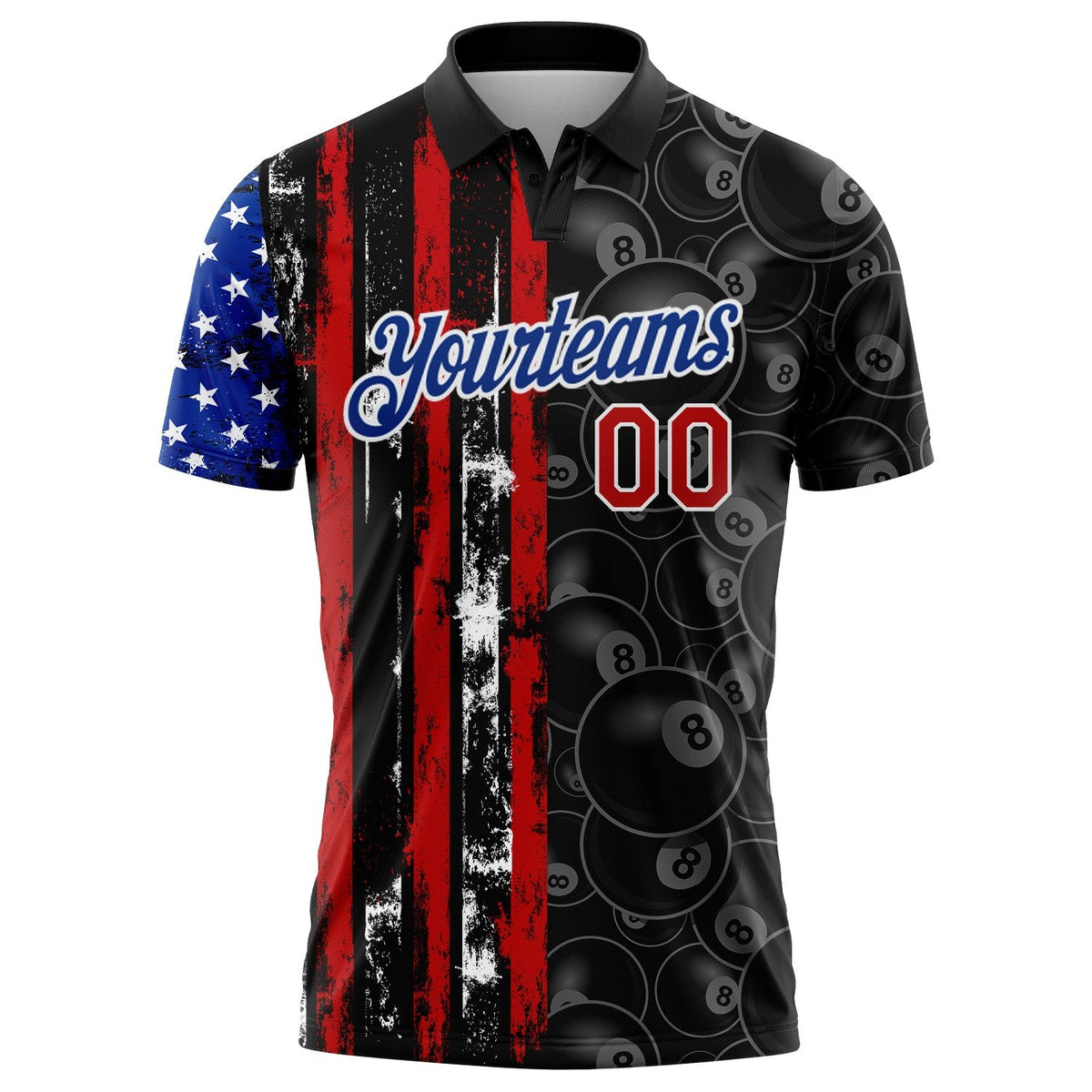 Custom Black Red-Royal 3D Pattern Design Billiards Snooker 8 Ball American Flag Performance Polo Shirt photo 2
