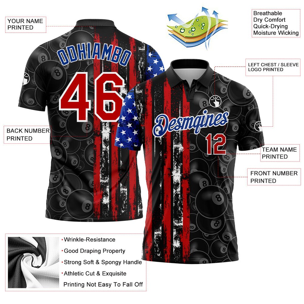 Custom Black Red-Royal 3D Pattern Design Billiards Snooker 8 Ball American Flag Performance Polo Shirt photo 3