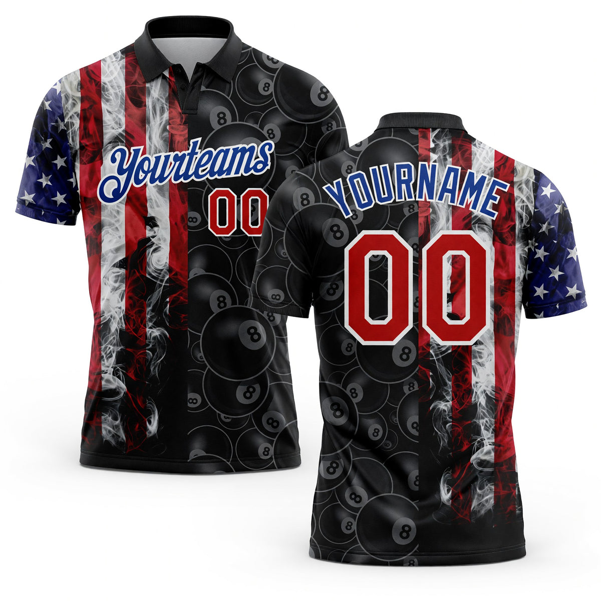 Custom Black Red-Royal 3D Pattern Design Billiards Snooker 8 Ball American Flag Performance Polo Shirt