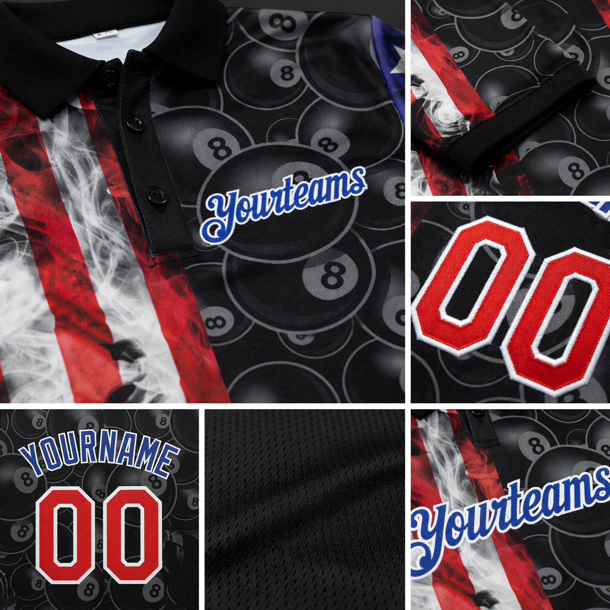 Custom Black Red-Royal 3D Pattern Design Billiards Snooker 8 Ball American Flag Performance Polo Shirt detail