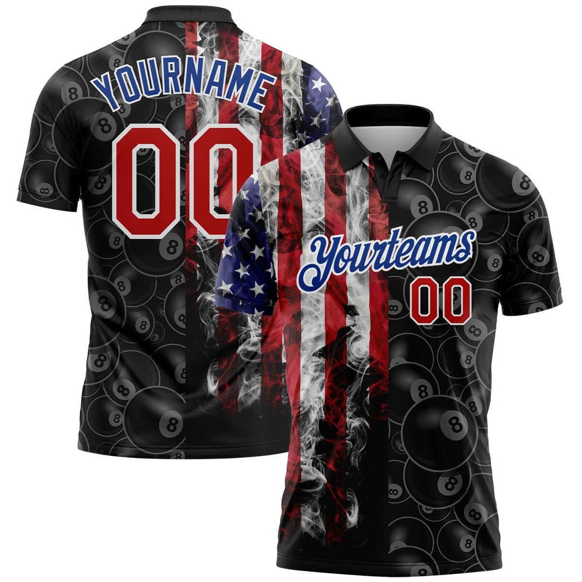 Custom Black Red-Royal 3D Pattern Design Billiards Snooker 8 Ball American Flag Performance Polo Shirt photo 1