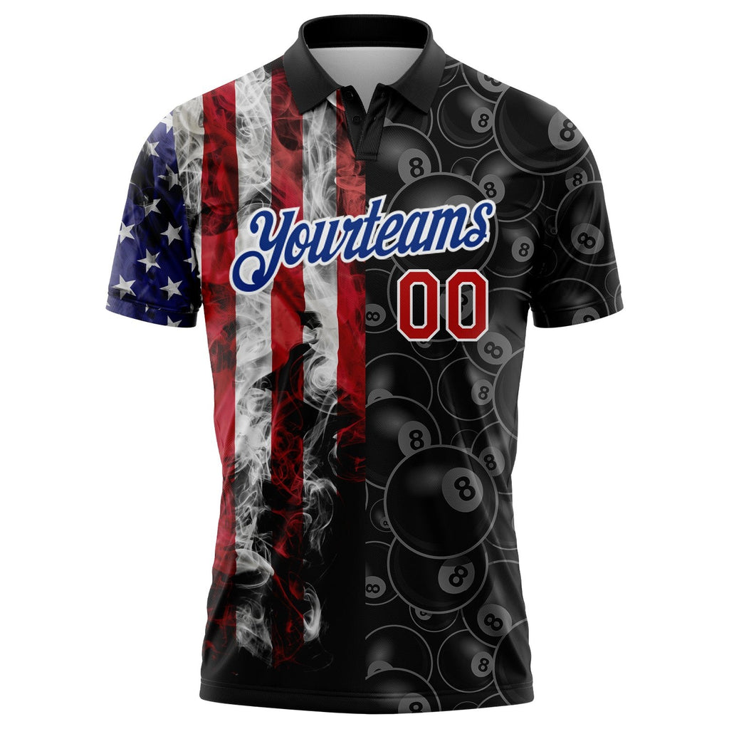 Custom Black Red-Royal 3D Pattern Design Billiards Snooker 8 Ball American Flag Performance Polo Shirt photo 2