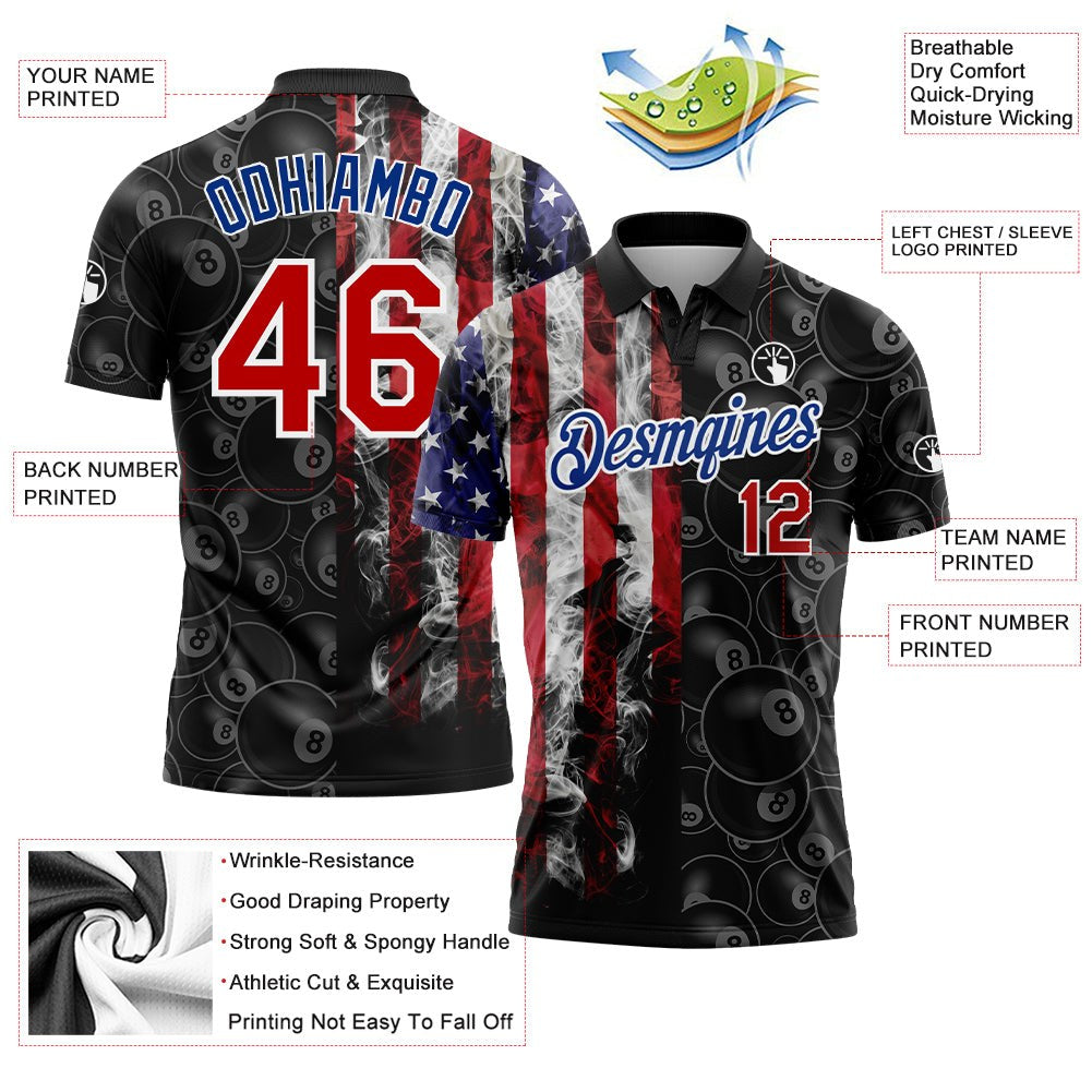 Custom Black Red-Royal 3D Pattern Design Billiards Snooker 8 Ball American Flag Performance Polo Shirt photo 3