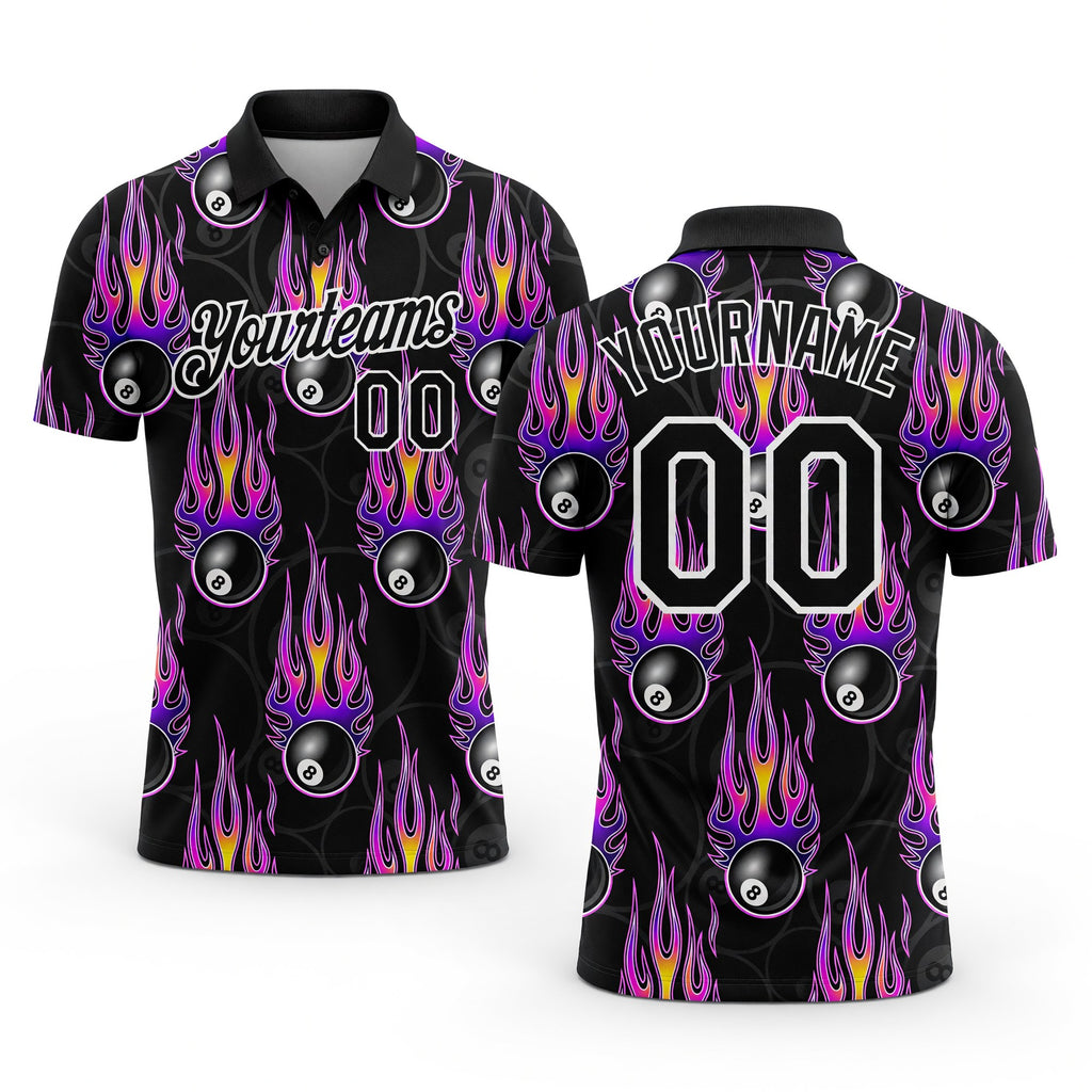 Custom Black White-Purple 3D Pattern Design Flame Billiards 8 Ball Performance Polo Shirt
