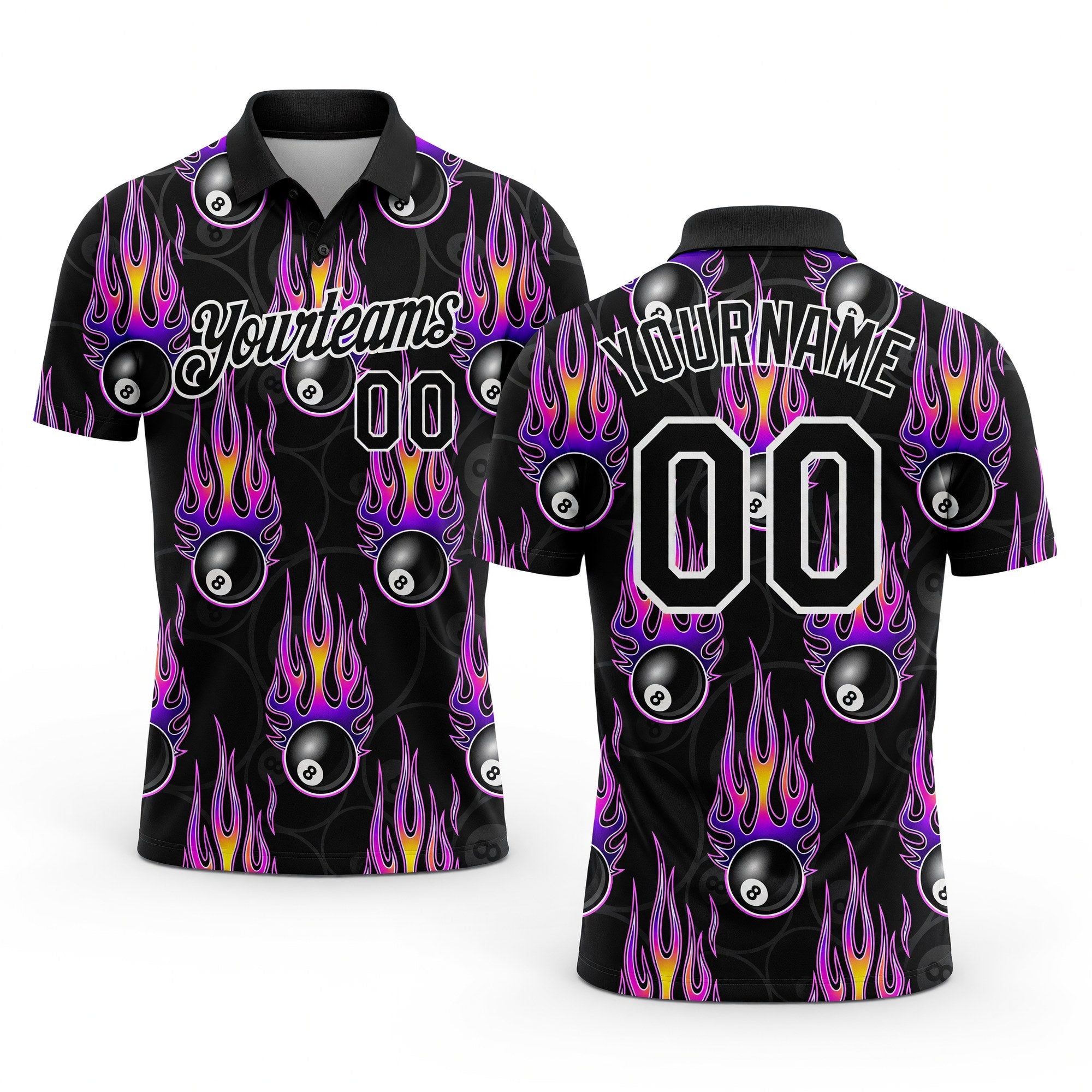 Custom Black White-Purple 3D Pattern Design Flame Billiards 8 Ball Performance Polo Shirt