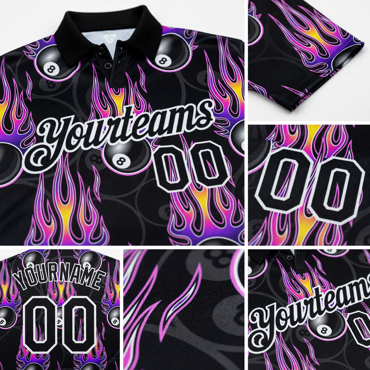 Custom Black White-Purple 3D Pattern Design Flame Billiards 8 Ball Performance Polo Shirt detail