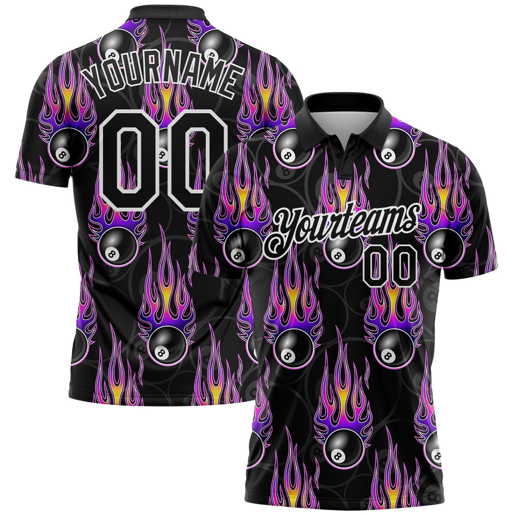 Custom Black White-Purple 3D Pattern Design Flame Billiards 8 Ball Performance Polo Shirt photo 1