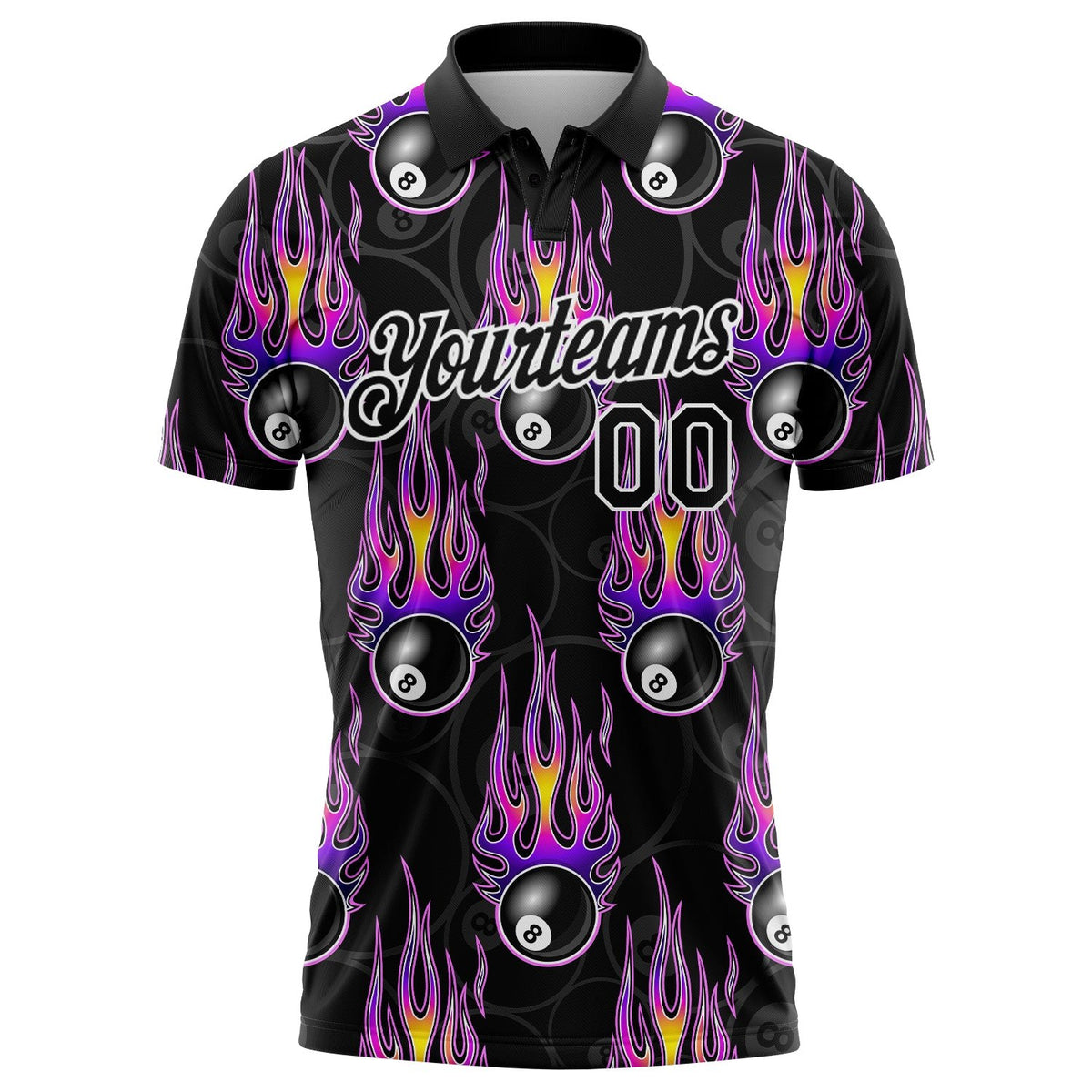 Custom Black White-Purple 3D Pattern Design Flame Billiards 8 Ball Performance Polo Shirt photo 2