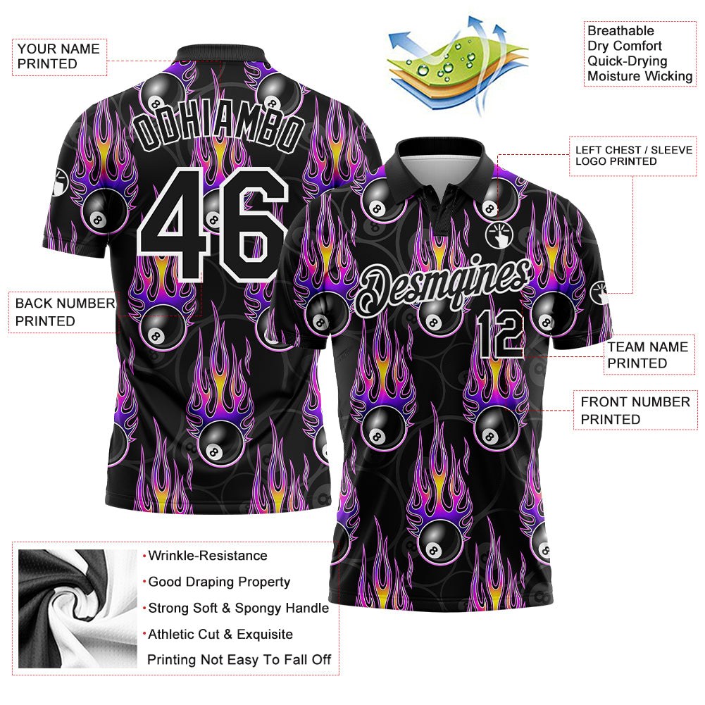 Custom Black White-Purple 3D Pattern Design Flame Billiards 8 Ball Performance Polo Shirt photo 3
