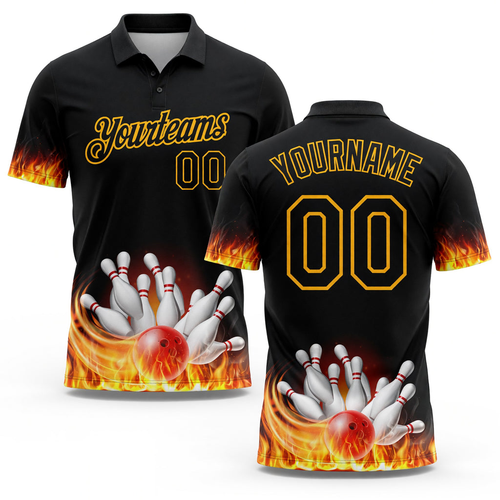 Custom Black Gold 3D Pattern Design Flame Bowling Performance Polo Shirt