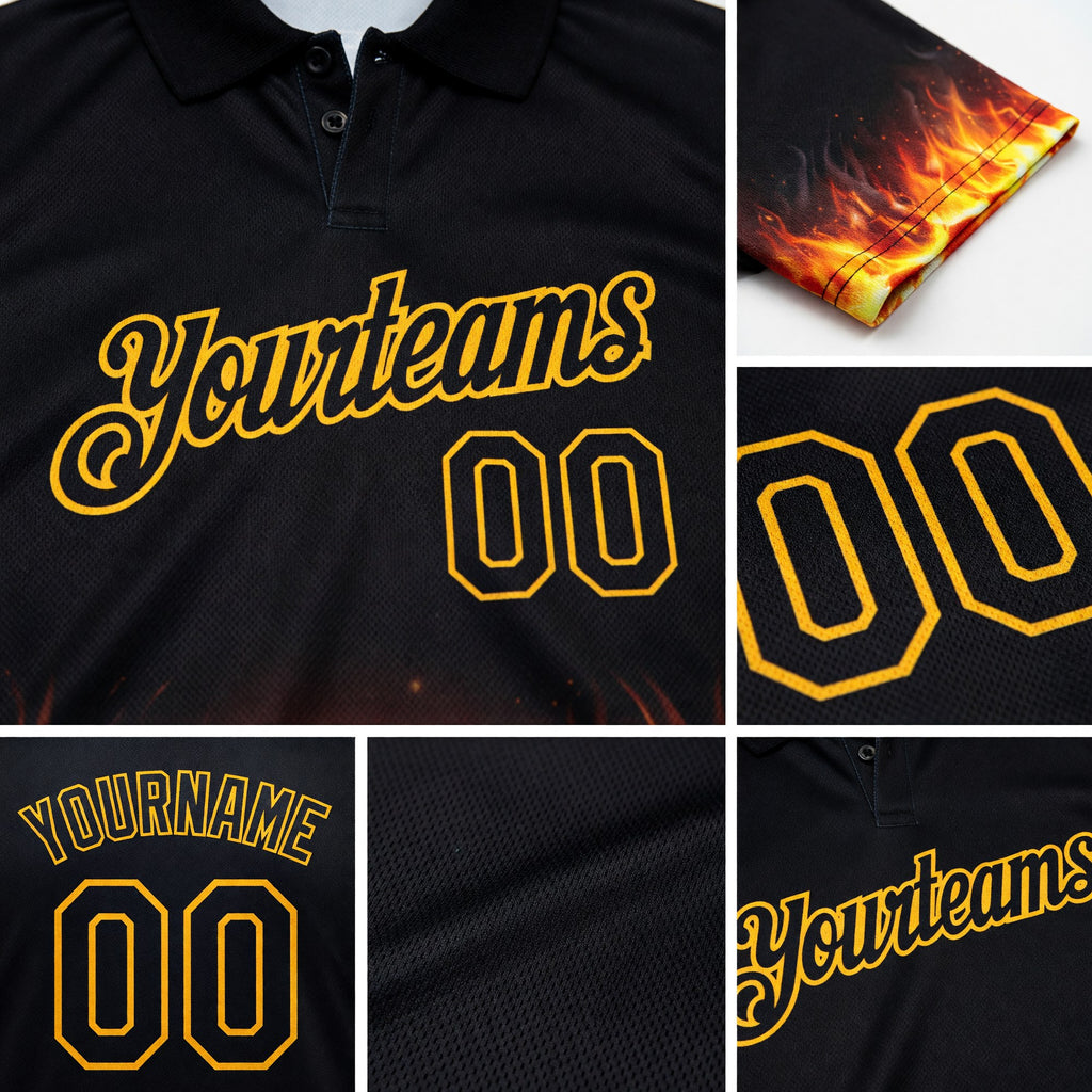 Custom Black Gold 3D Pattern Design Flame Bowling Performance Polo Shirt detail
