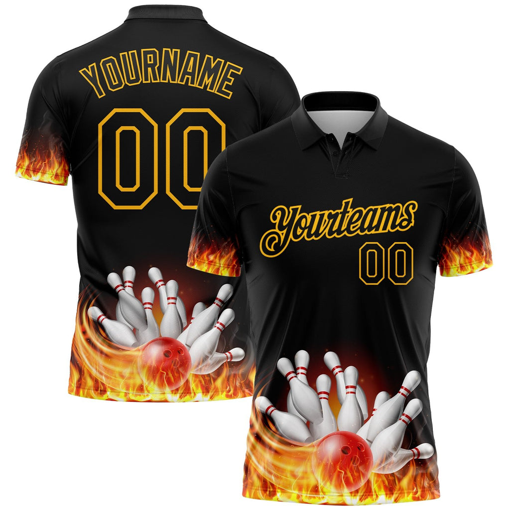 Custom Black Gold 3D Pattern Design Flame Bowling Performance Polo Shirt photo 1