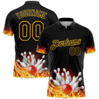 Custom Black Gold 3D Pattern Design Flame Bowling Performance Polo Shirt photo 1