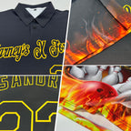 Custom Black Gold 3D Pattern Design Flame Bowling Performance Polo Shirt photo 2