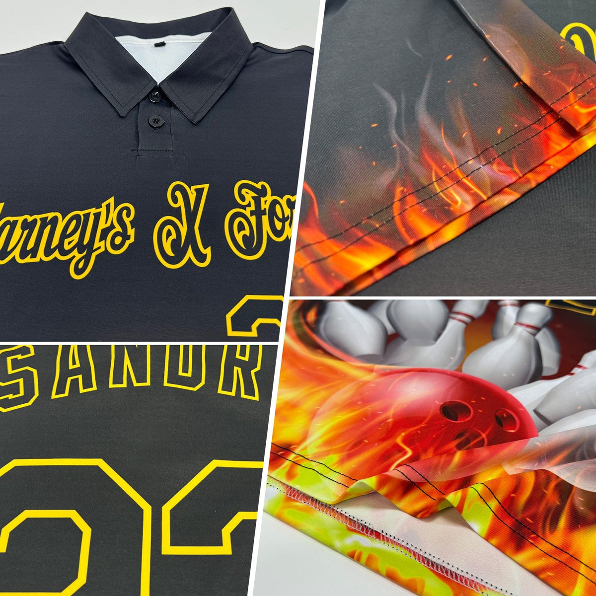 Custom Black Gold 3D Pattern Design Flame Bowling Performance Polo Shirt photo 2