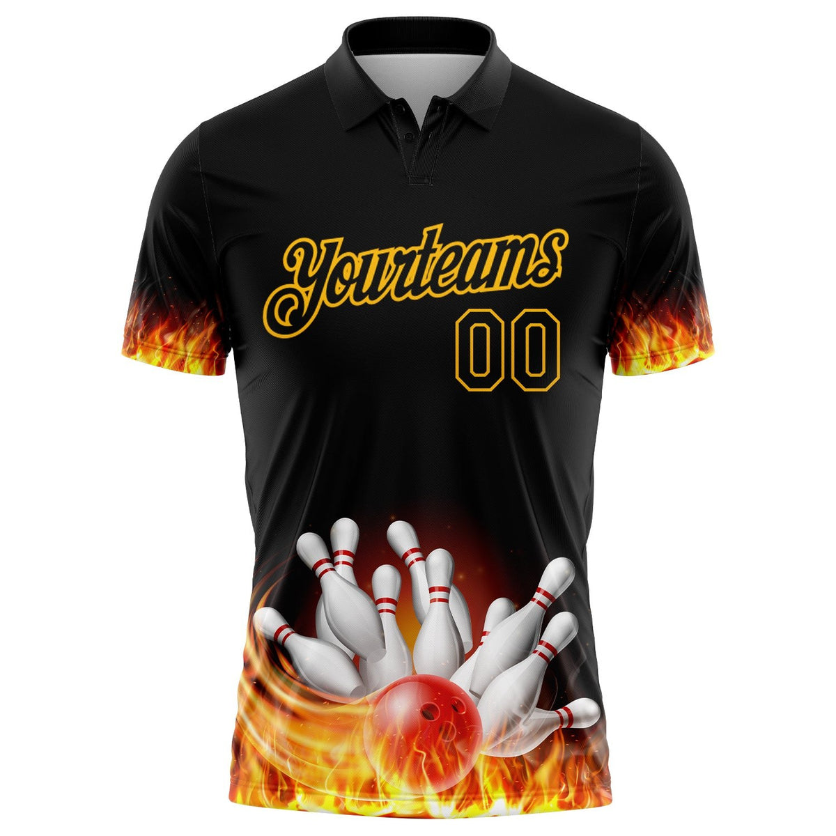 Custom Black Gold 3D Pattern Design Flame Bowling Performance Polo Shirt photo 3