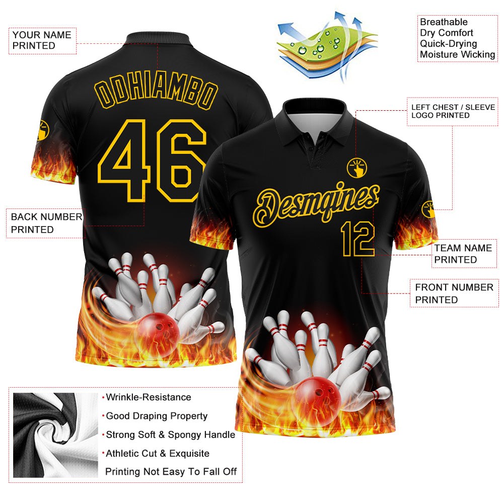 Custom Black Gold 3D Pattern Design Flame Bowling Performance Polo Shirt photo 4