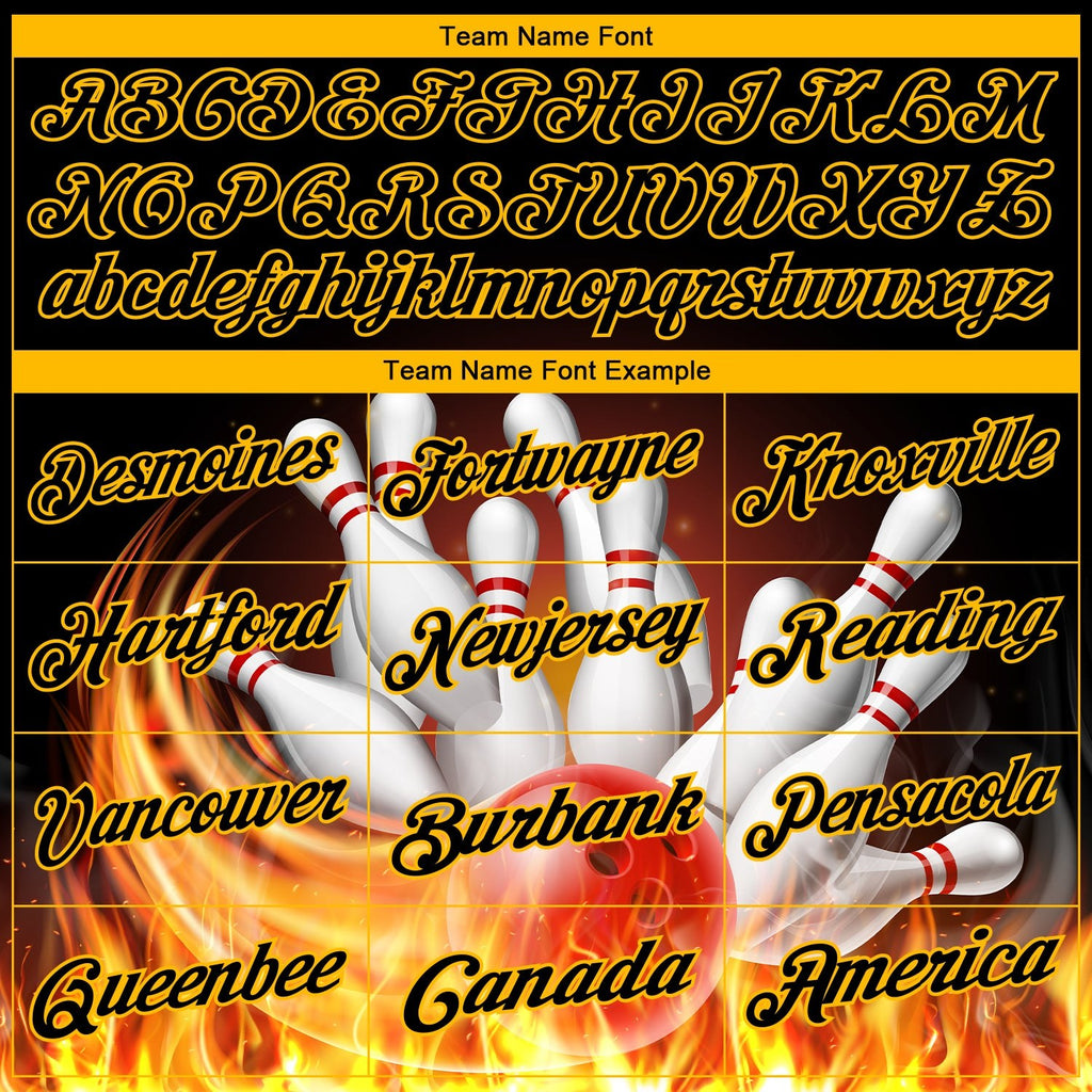 Custom Black Gold 3D Pattern Design Flame Bowling Performance Polo Shirt photo 5