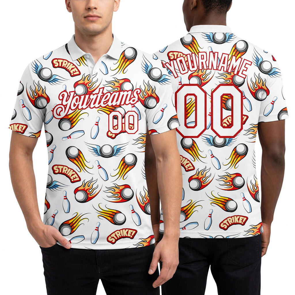 Custom White Red 3D Pattern Design Firely Bowling Performance Polo Shirt worn front and back