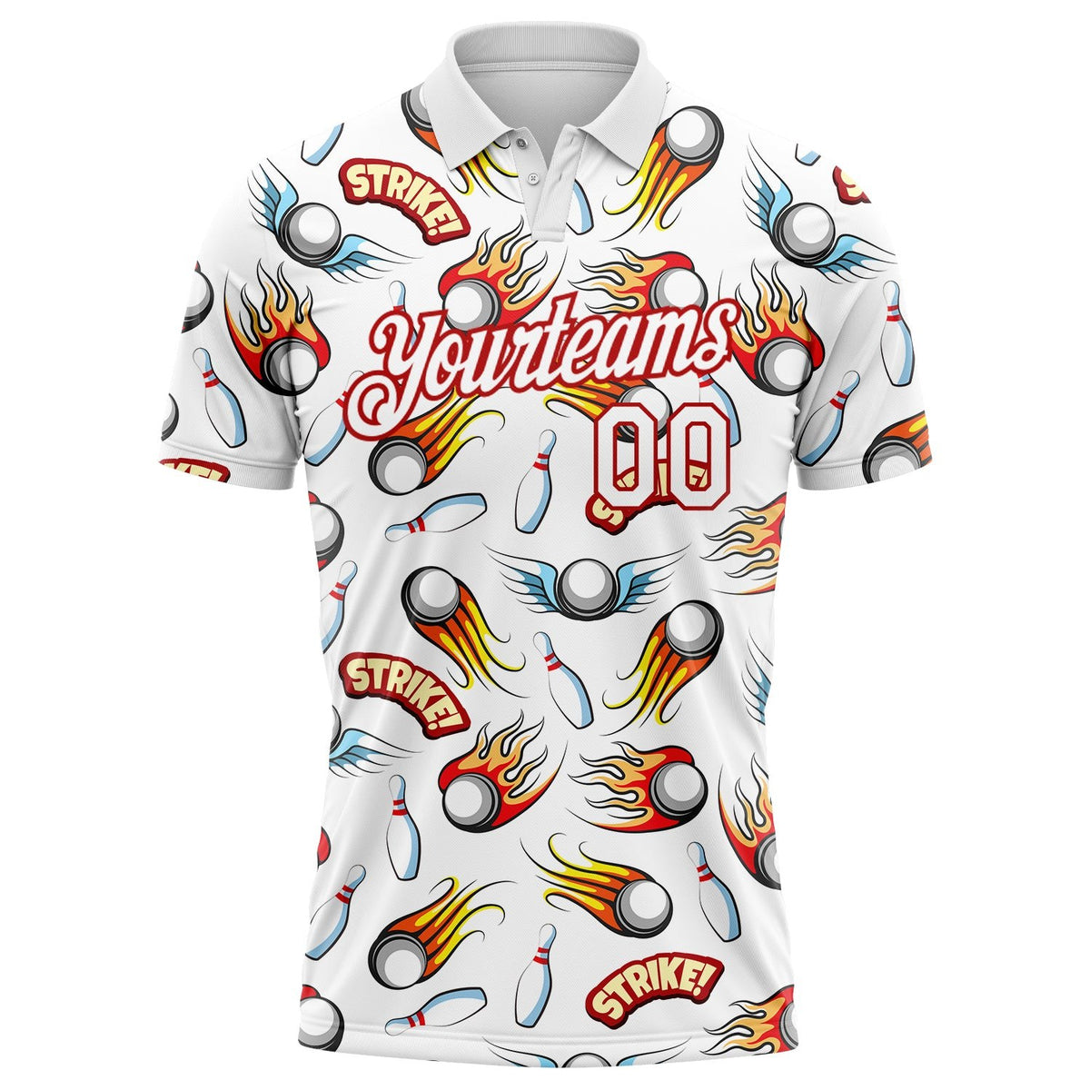 Custom White Red 3D Pattern Design Firely Bowling Performance Polo Shirt photo 2