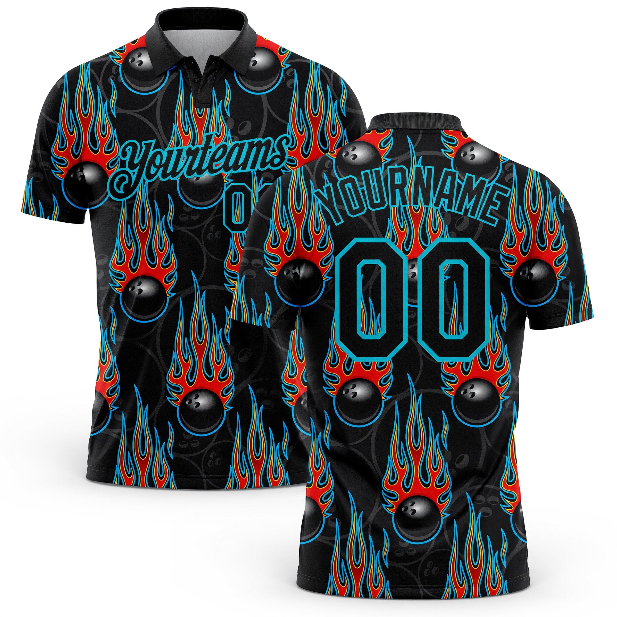 Custom Black Lakes Blue 3D Pattern Design Bowling Ball With Hotrod Flame Performance Polo Shirt