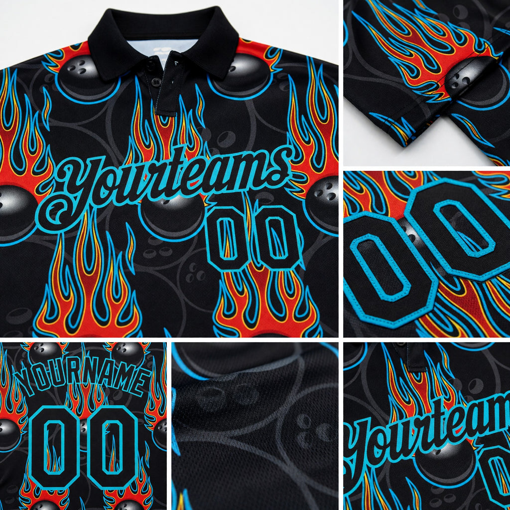 Custom Black Lakes Blue 3D Pattern Design Bowling Ball With Hotrod Flame Performance Polo Shirt detail
