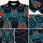 Custom Black Lakes Blue 3D Pattern Design Bowling Ball With Hotrod Flame Performance Polo Shirt detail