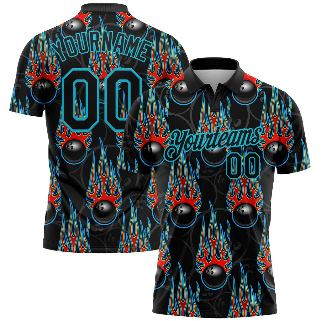 Custom Black Lakes Blue 3D Pattern Design Bowling Ball With Hotrod Flame Performance Polo Shirt photo 1