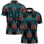 Custom Black Lakes Blue 3D Pattern Design Bowling Ball With Hotrod Flame Performance Polo Shirt photo 1