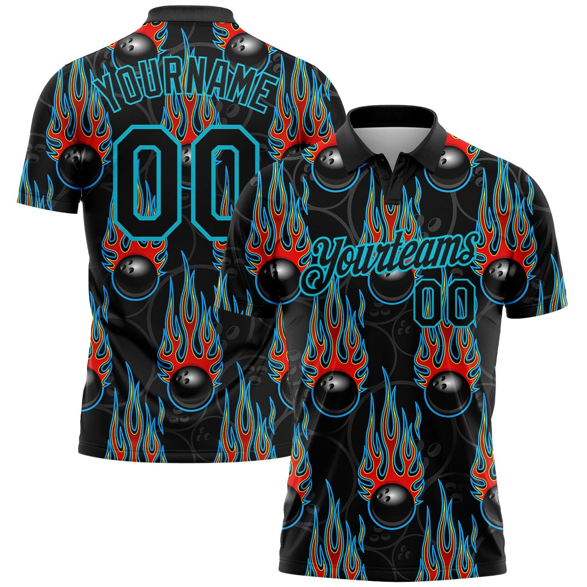 Custom Black Lakes Blue 3D Pattern Design Bowling Ball With Hotrod Flame Performance Polo Shirt photo 1