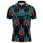 Custom Black Lakes Blue 3D Pattern Design Bowling Ball With Hotrod Flame Performance Polo Shirt photo 2