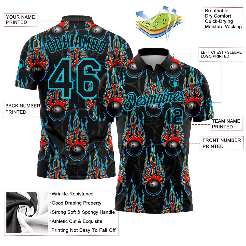 Custom Black Lakes Blue 3D Pattern Design Bowling Ball With Hotrod Flame Performance Polo Shirt photo 3