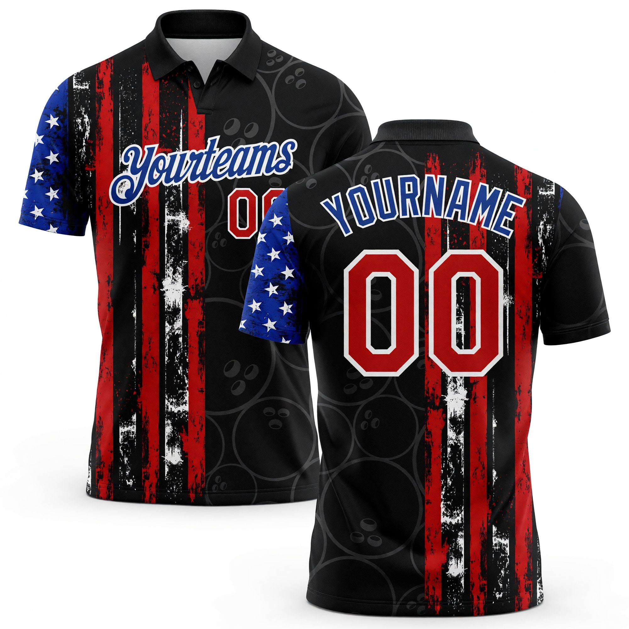 Custom Black Red-Royal 3D Pattern Design Bowling Ball American Flag Performance Polo Shirt