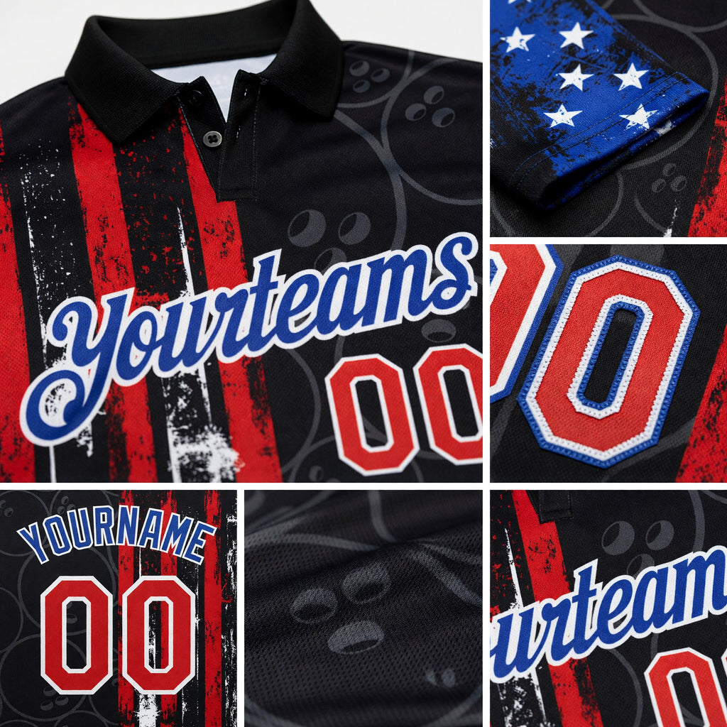 Custom Black Red-Royal 3D Pattern Design Bowling Ball American Flag Performance Polo Shirt detail