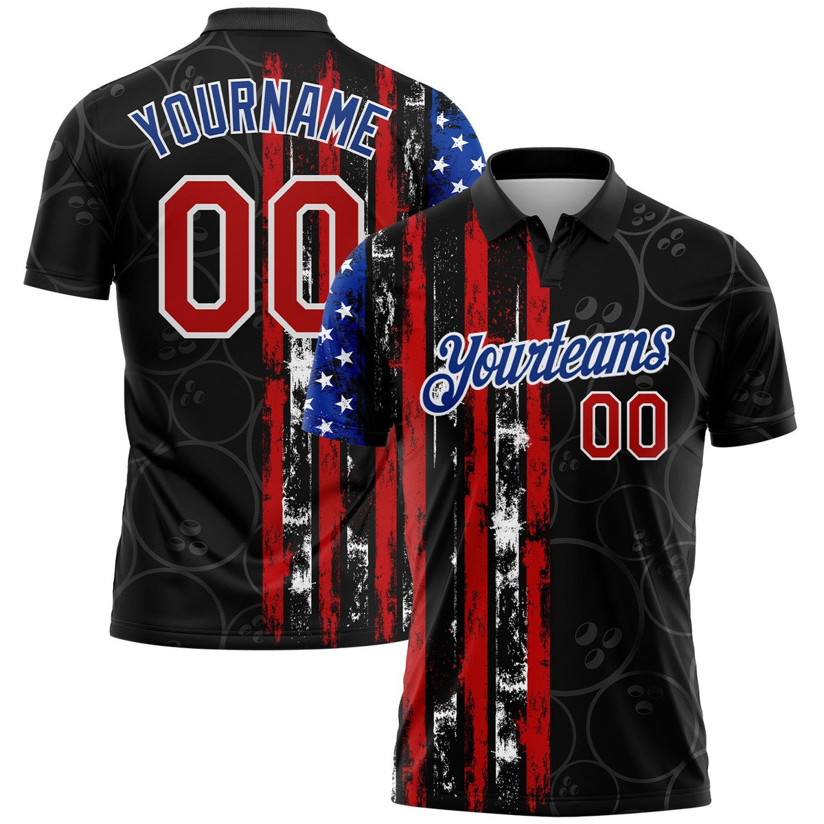 Custom Black Red-Royal 3D Pattern Design Bowling Ball American Flag Performance Polo Shirt photo 1