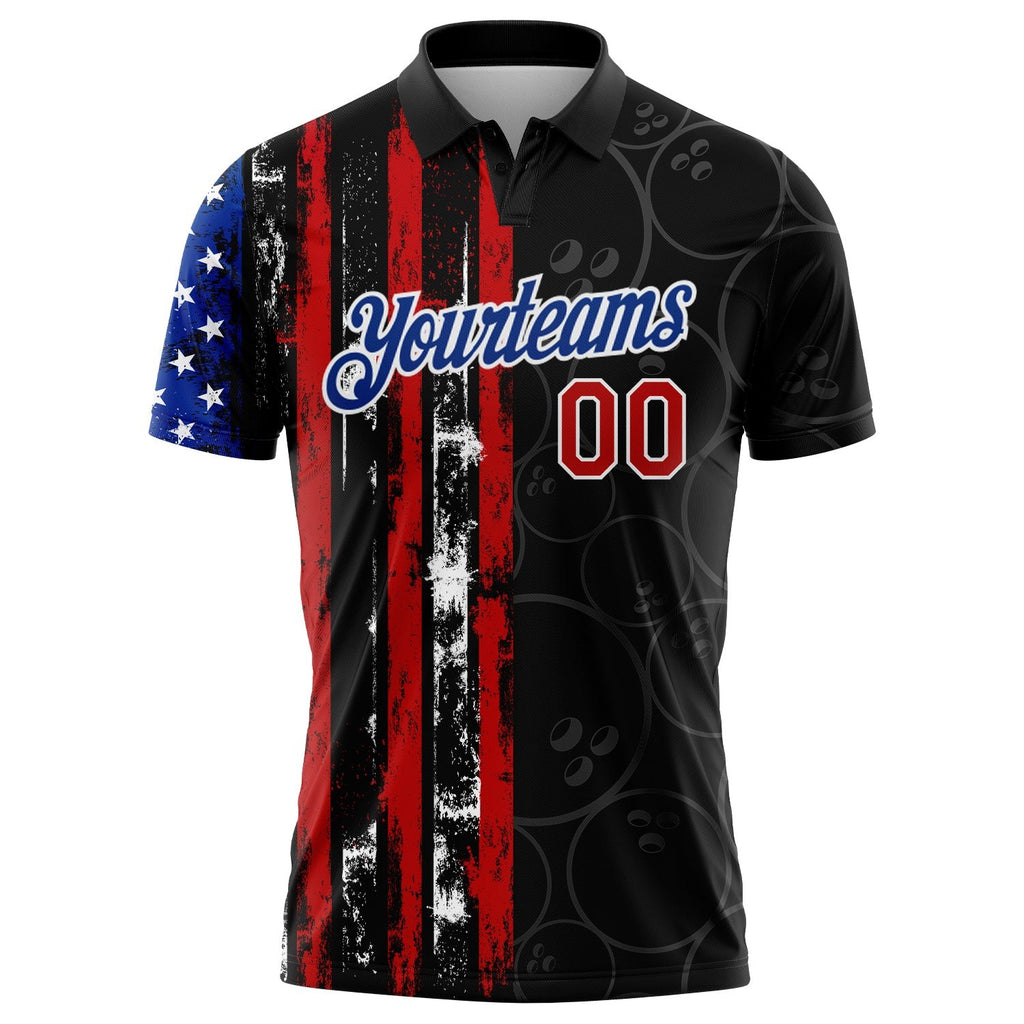 Custom Black Red-Royal 3D Pattern Design Bowling Ball American Flag Performance Polo Shirt photo 2