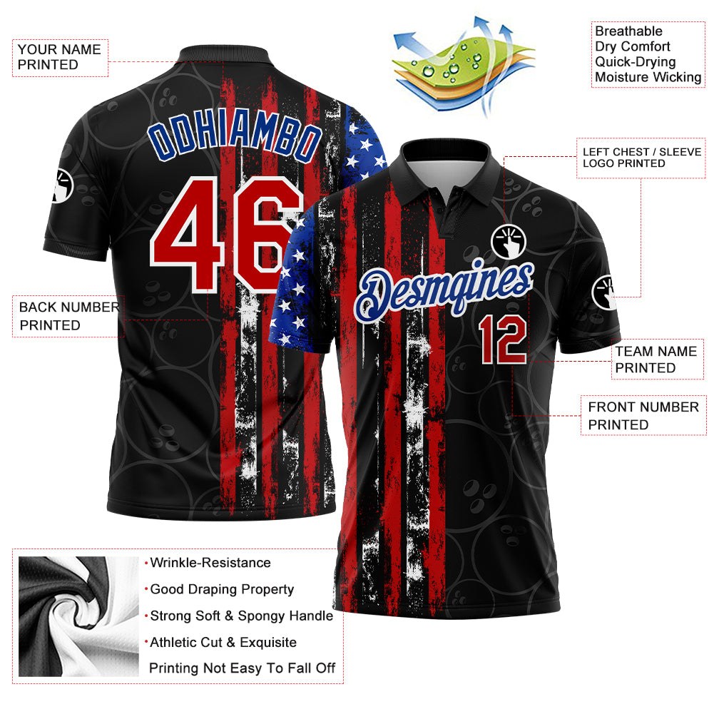 Custom Black Red-Royal 3D Pattern Design Bowling Ball American Flag Performance Polo Shirt photo 3