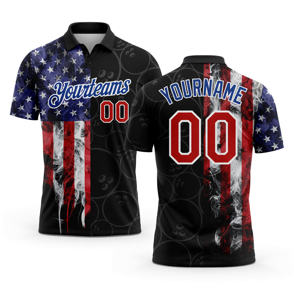 Custom Black Red-Royal 3D Pattern Design Bowling Ball American Flag Performance Polo Shirt