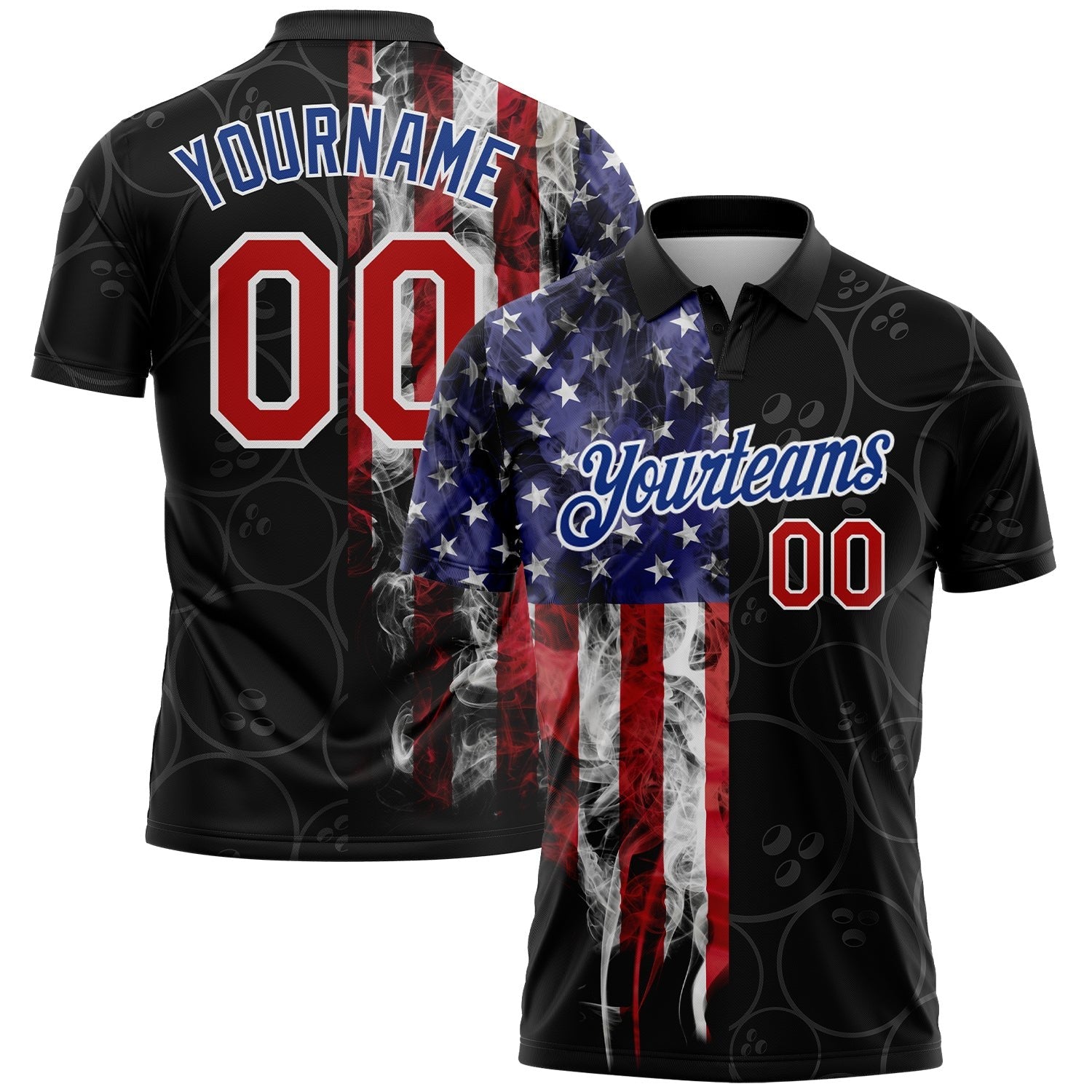 Custom Black Red-Royal 3D Pattern Design Bowling Ball American Flag Performance Polo Shirt photo 1