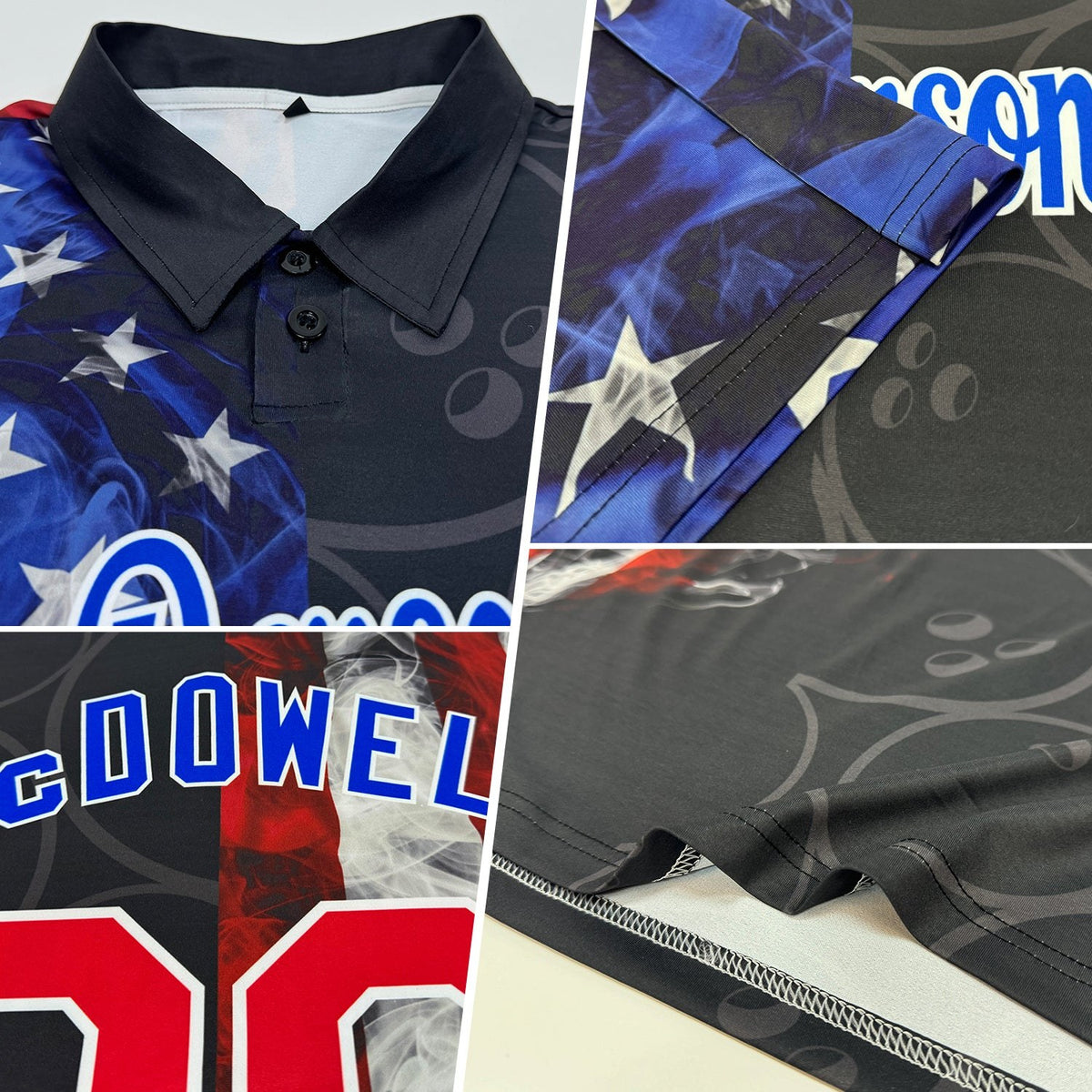 Custom Black Red-Royal 3D Pattern Design Bowling Ball American Flag Performance Polo Shirt photo 2
