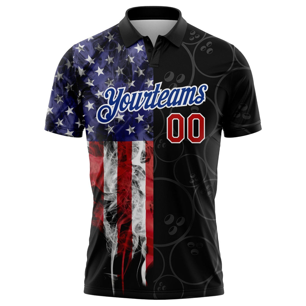 Custom Black Red-Royal 3D Pattern Design Bowling Ball American Flag Performance Polo Shirt photo 3