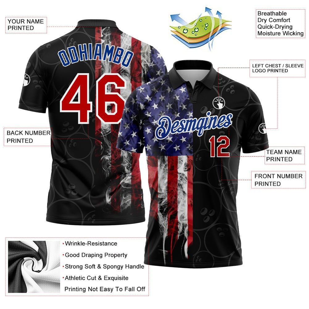 Custom Black Red-Royal 3D Pattern Design Bowling Ball American Flag Performance Polo Shirt photo 4