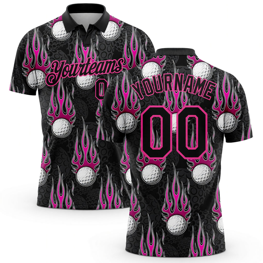 Custom Black Pink 3D Pattern Design Firely Golf Ball Performance Golf Polo Shirt