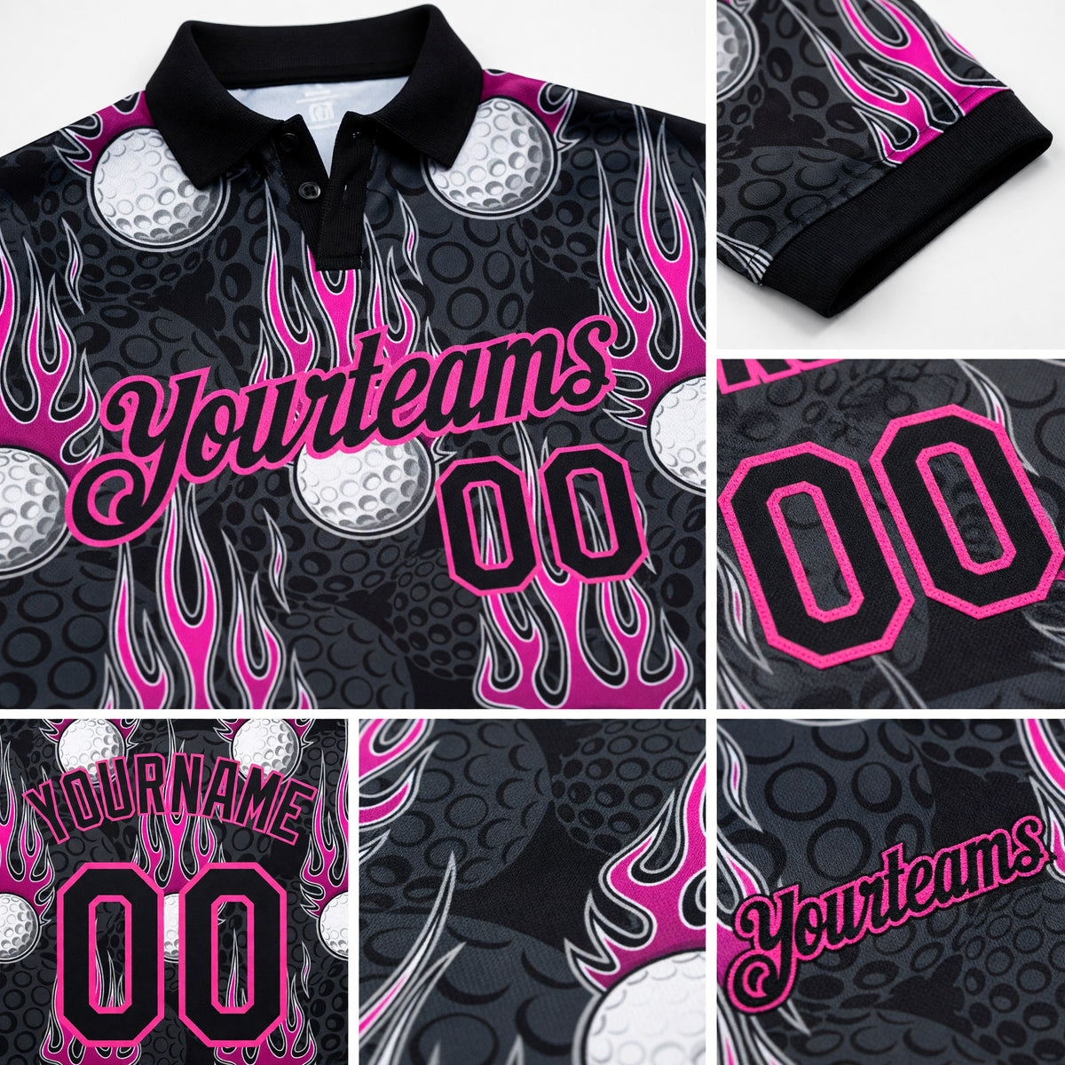 Custom Black Pink 3D Pattern Design Firely Golf Ball Performance Golf Polo Shirt detail